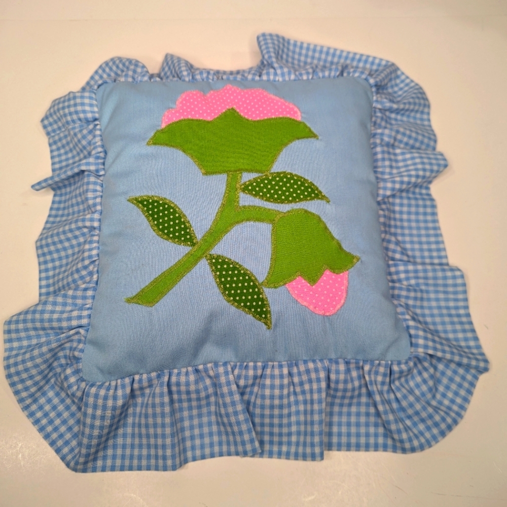 Handmade Cottagecore Blue Pillow with Pink Flower Applique Gingham Ruffle